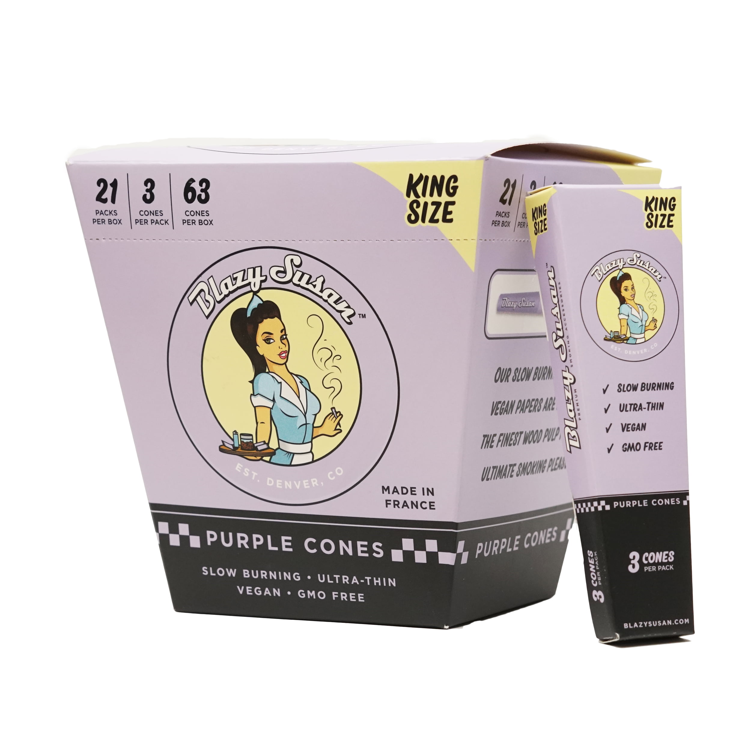 Blazy Susan 3 Pack King Size Purple Cones Display Box, thc, dry herb